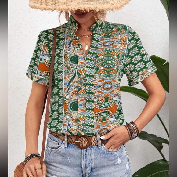 Tops - Boho Floral Paisley Print Top Blouse Shirt Green